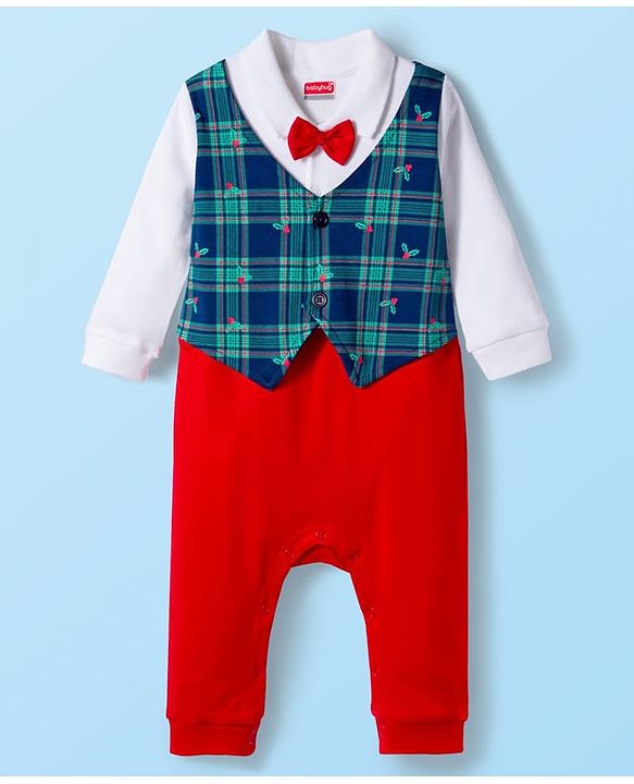 Babyhug Interlock Knit Full Sleeves Party Romper with Attached Waist Coat & Bow & Check Detailing - White Blue & Red