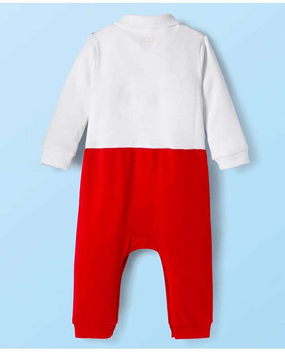 Babyhug Interlock Knit Full Sleeves Party Romper with Attached Waist Coat & Bow & Check Detailing - White Blue & Red