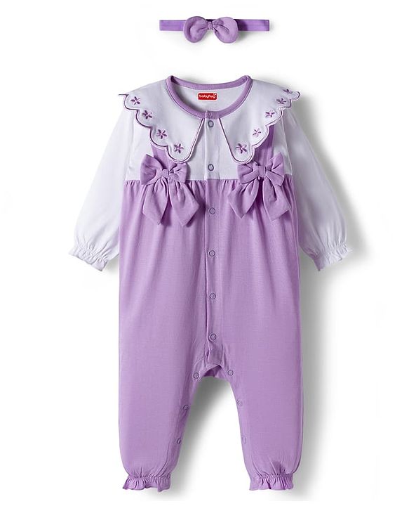 Babyhug 100% Cotton Interlock Knit Full Sleeves Front Open Romper with Frill Detailing Floral Embroidery & Bow Applique & Hairband - Purple