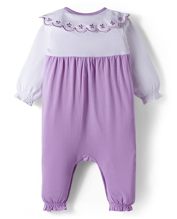 Babyhug 100% Cotton Interlock Knit Full Sleeves Front Open Romper with Frill Detailing Floral Embroidery & Bow Applique & Hairband - Purple
