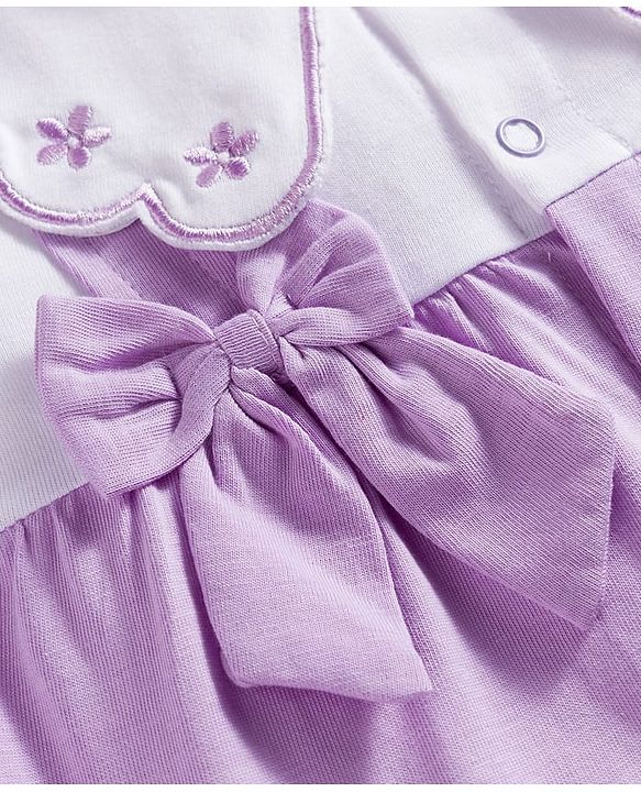 Babyhug 100% Cotton Interlock Knit Full Sleeves Front Open Romper with Frill Detailing Floral Embroidery & Bow Applique & Hairband - Purple