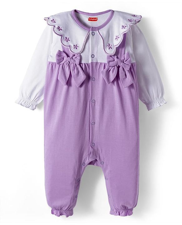 Babyhug 100% Cotton Interlock Knit Full Sleeves Front Open Romper with Frill Detailing Floral Embroidery & Bow Applique & Hairband - Purple