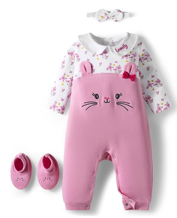 Babyhug 100% Cotton Knit Full Sleeves Bunny Embroidered Romper With Hairband & Booties - Pink