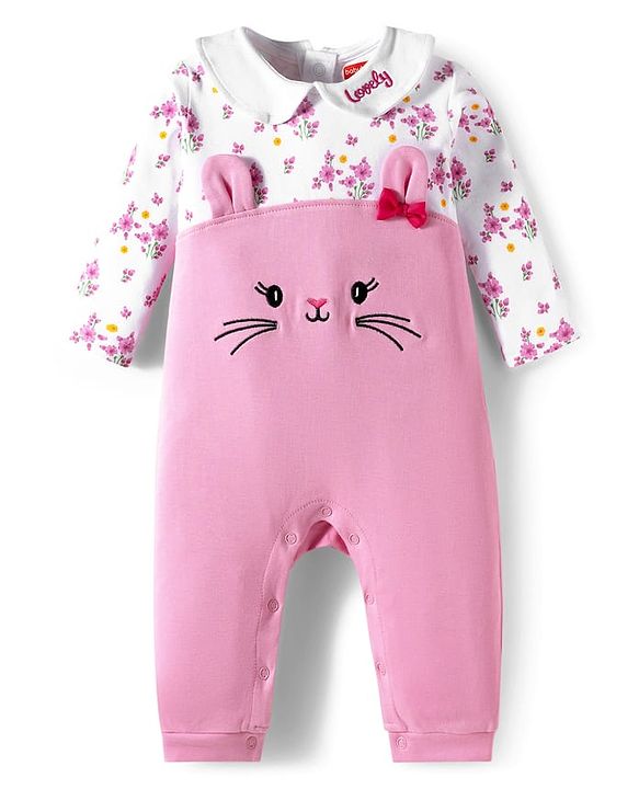 Babyhug 100% Cotton Knit Full Sleeves Bunny Embroidered Romper With Hairband & Booties - Pink
