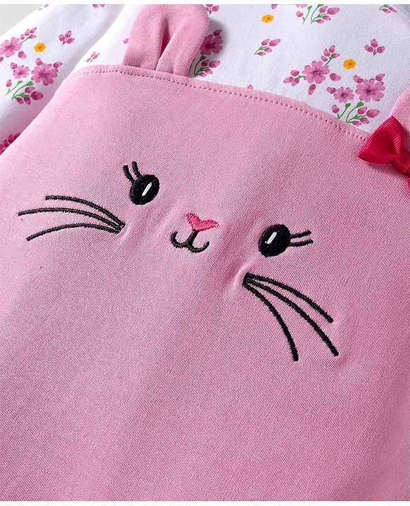 Babyhug 100% Cotton Knit Full Sleeves Bunny Embroidered Romper With Hairband & Booties - Pink