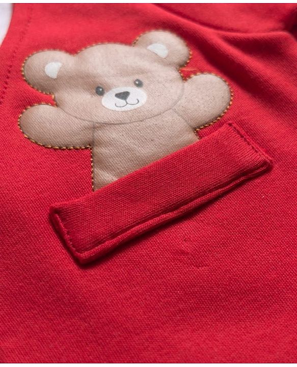 Babyhug 100% Cotton Interlock Knit Full Sleeves Party Romper with Attached Waist Coat & Bow & Bear Patch - Red & Navy Blue