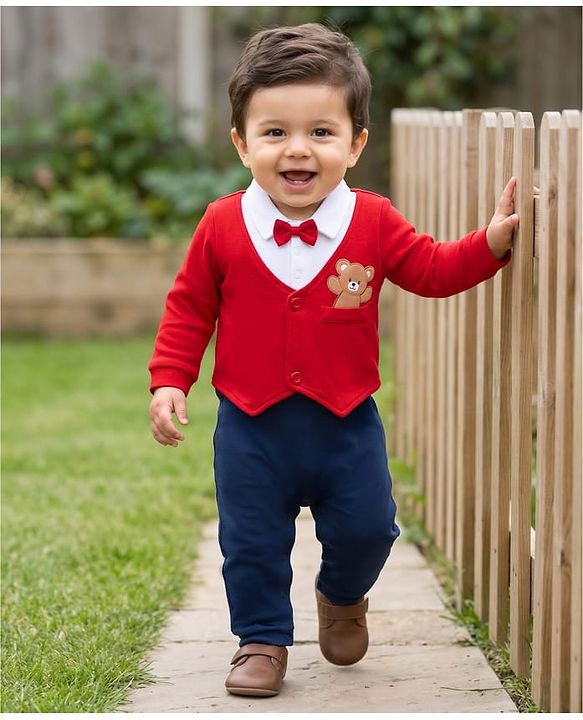 Babyhug 100% Cotton Interlock Knit Full Sleeves Party Romper with Attached Waist Coat & Bow & Bear Patch - Red & Navy Blue