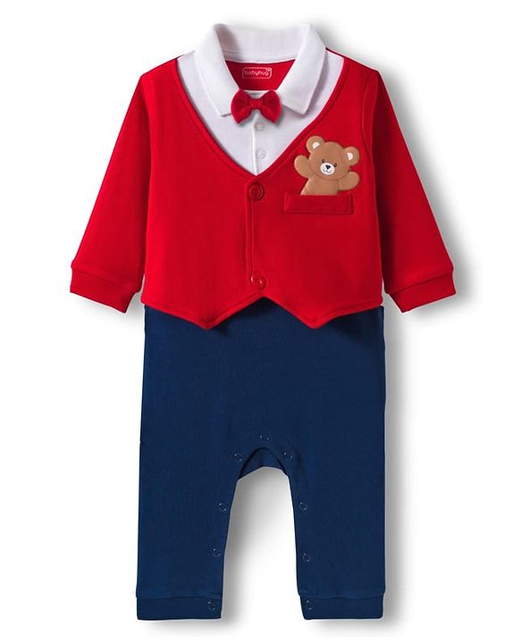 Babyhug 100% Cotton Interlock Knit Full Sleeves Party Romper with Attached Waist Coat & Bow & Bear Patch - Red & Navy Blue