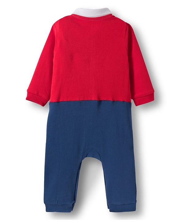 Babyhug 100% Cotton Interlock Knit Full Sleeves Party Romper with Attached Waist Coat & Bow & Bear Patch - Red & Navy Blue