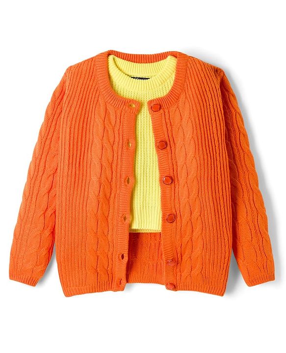 Pine Kids Knit Full Sleeves Front Open Sweater With Inner Tee & Cable Knit Design - Orange