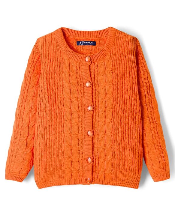 Pine Kids Knit Full Sleeves Front Open Sweater With Inner Tee & Cable Knit Design - Orange