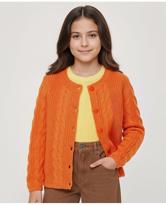 Pine Kids Knit Full Sleeves Front Open Sweater With Inner Tee & Cable Knit Design - Orange