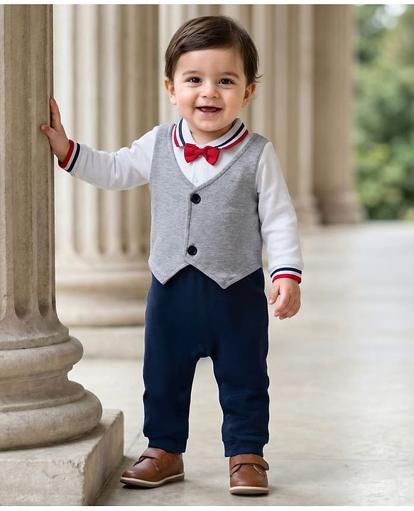 Babyhug Interlock Knit Full Sleeves Party Romper With Attached Waistcoat & Bow Applique - Multicolor