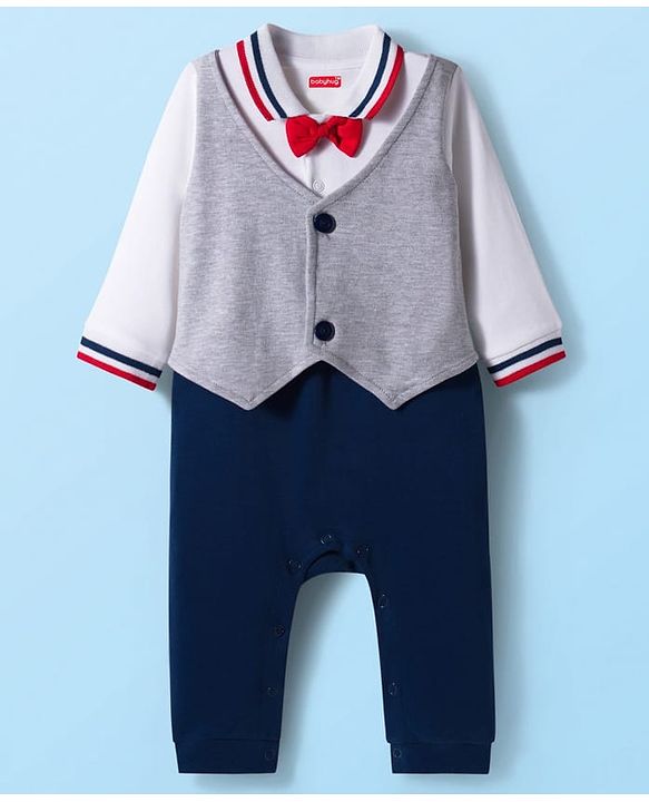Babyhug Interlock Knit Full Sleeves Party Romper With Attached Waistcoat & Bow Applique - Multicolor