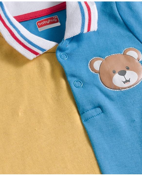 Babyhug 100% Cotton Interlock Knit Full Sleeves Romper with Cut & Sew Design & Bear Patch - Blue Red & Yellow