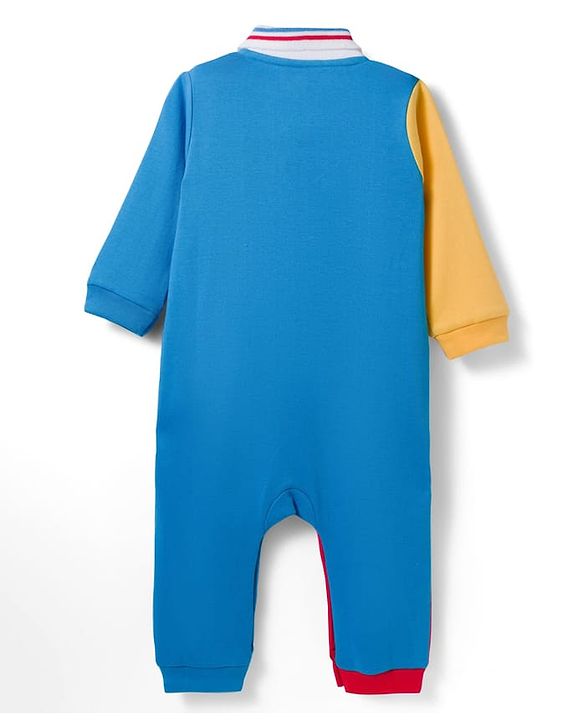 Babyhug 100% Cotton Interlock Knit Full Sleeves Romper with Cut & Sew Design & Bear Patch - Blue Red & Yellow