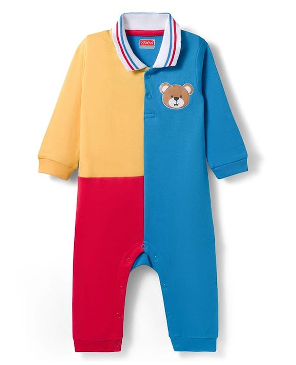 Babyhug 100% Cotton Interlock Knit Full Sleeves Romper with Cut & Sew Design & Bear Patch - Blue Red & Yellow