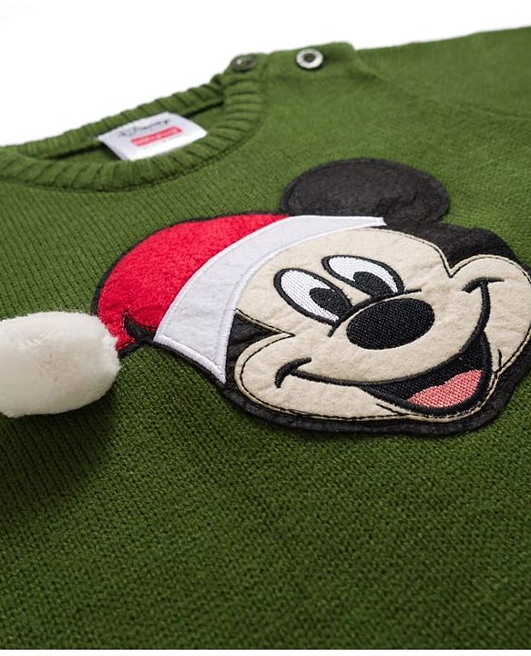 Babyhug Disney Woven Full Sleeves Pullover Sweater with Mickey Mouse Patch Detailing - Green