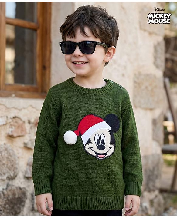 Babyhug Disney Woven Full Sleeves Pullover Sweater with Mickey Mouse Patch Detailing - Green