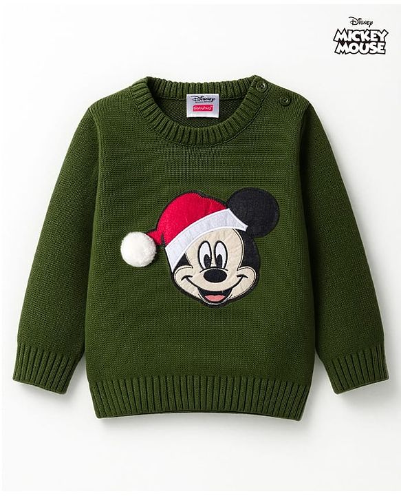 Babyhug Disney Woven Full Sleeves Pullover Sweater with Mickey Mouse Patch Detailing - Green