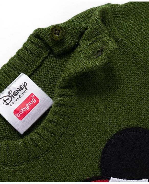 Babyhug Disney Woven Full Sleeves Pullover Sweater with Mickey Mouse Patch Detailing - Green
