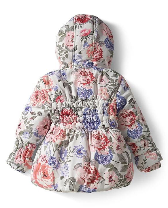 Babyhug Woven Full Sleeves Hooded Padded Jacket With Floral Print - Multicolor
