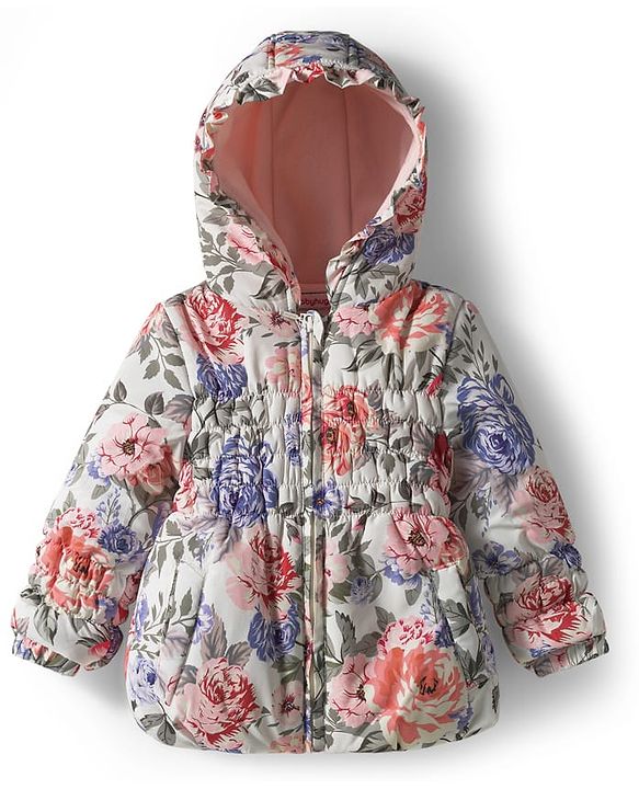 Babyhug Woven Full Sleeves Hooded Padded Jacket With Floral Print - Multicolor