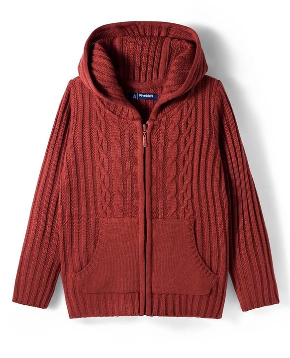 Pine Kids Knit Full Sleeves Front Open Hooded Sweater with Cable Knit Design & Kangaroo Pocket - Rust Orange