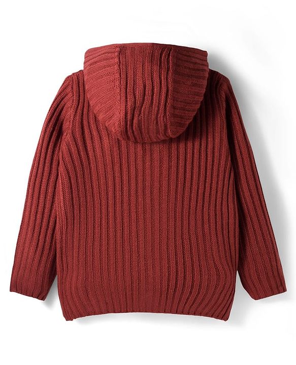 Pine Kids Knit Full Sleeves Front Open Hooded Sweater with Cable Knit Design & Kangaroo Pocket - Rust Orange
