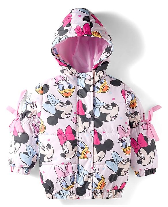 Babyhug Disney Woven Full Sleeves Hooded Padded Jacket With Minnie & Friends Print - Pink