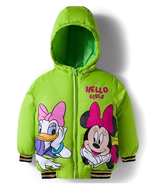 Babyhug Disney Woven Full Sleeves Hooded Padded Jacket With Minnie & Friends Graphics & Frill Detailing - Neon Green