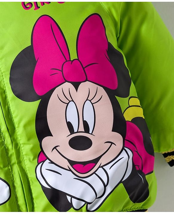 Babyhug Disney Woven Full Sleeves Hooded Padded Jacket With Minnie & Friends Graphics & Frill Detailing - Neon Green