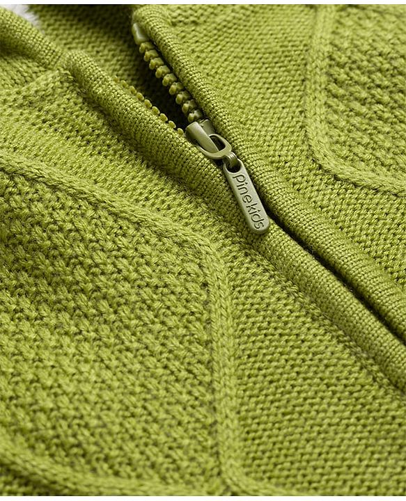 Pine Kids Knit Full Sleeves Front Open Hooded Sweater with Cable Knit Design - Light Green