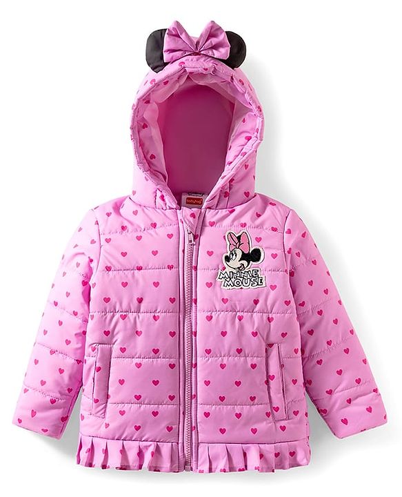 Babyhug Disney Woven Full Sleeves Hooded Winter Jacket With Minnie & Friends Graphics & Ear Bow Applique - Pink