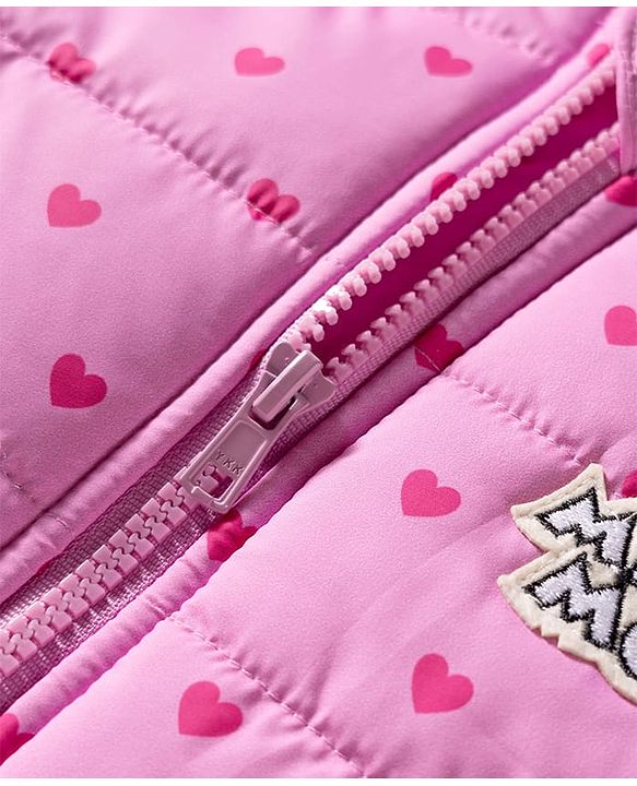 Babyhug Disney Woven Full Sleeves Hooded Winter Jacket With Minnie & Friends Graphics & Ear Bow Applique - Pink