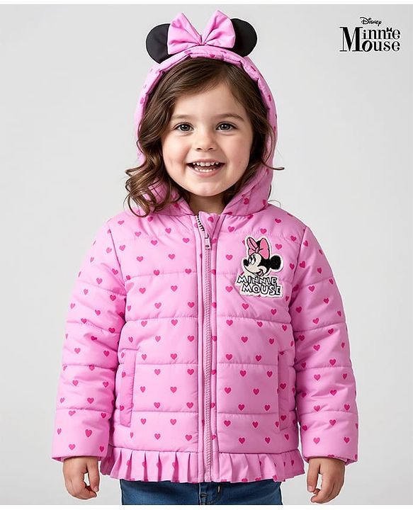 Babyhug Disney Woven Full Sleeves Hooded Winter Jacket With Minnie & Friends Graphics & Ear Bow Applique - Pink