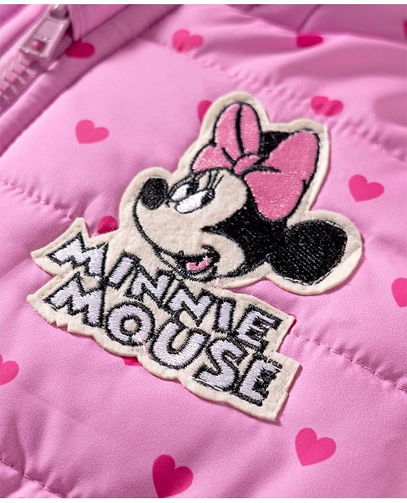 Babyhug Disney Woven Full Sleeves Hooded Winter Jacket With Minnie & Friends Graphics & Ear Bow Applique - Pink