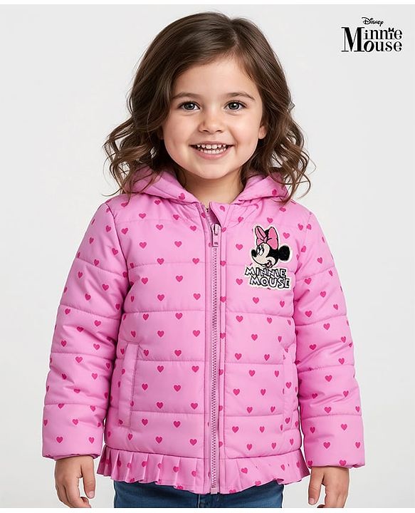 Babyhug Disney Woven Full Sleeves Hooded Winter Jacket With Minnie & Friends Graphics & Ear Bow Applique - Pink