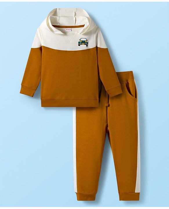 Babyhug Terry Knit Premium Light Gauge Terry Full Sleeves Hooded Color Block T-Shirt & Jogger Set with Car Print - Yellow & White
