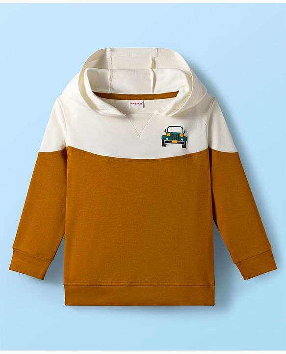 Babyhug Terry Knit Premium Light Gauge Terry Full Sleeves Hooded Color Block T-Shirt & Jogger Set with Car Print - Yellow & White