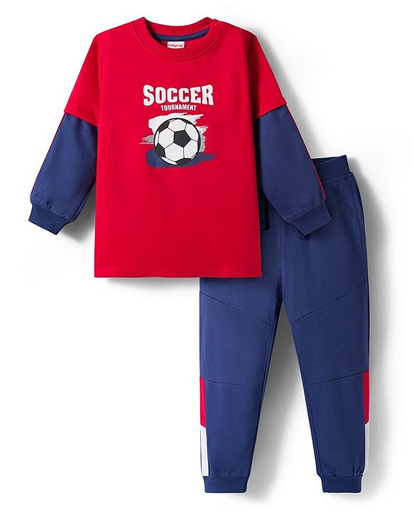 Babyhug Terry Knit Full Doctor Sleeves T-Shirt & Joggers Set with Soccer Tournament Text Print - Red & Navy Blue
