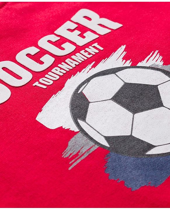 Babyhug Terry Knit Full Doctor Sleeves T-Shirt & Joggers Set with Soccer Tournament Text Print - Red & Navy Blue