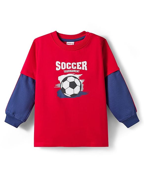 Babyhug Terry Knit Full Doctor Sleeves T-Shirt & Joggers Set with Soccer Tournament Text Print - Red & Navy Blue