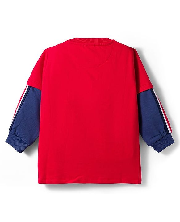 Babyhug Terry Knit Full Doctor Sleeves T-Shirt & Joggers Set with Soccer Tournament Text Print - Red & Navy Blue
