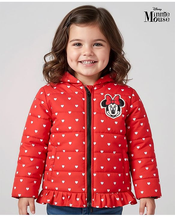 Babyhug Disney Woven Full Sleeves Hooded Winter Jacket With Minnie & Friends Graphics & Ear Bow Applique - Red