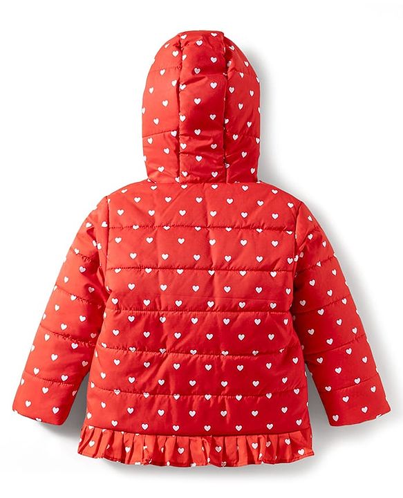 Babyhug Disney Woven Full Sleeves Hooded Winter Jacket With Minnie & Friends Graphics & Ear Bow Applique - Red
