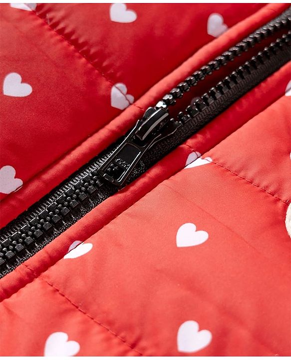 Babyhug Disney Woven Full Sleeves Hooded Winter Jacket With Minnie & Friends Graphics & Ear Bow Applique - Red