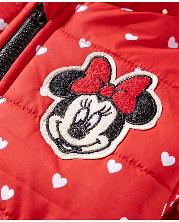 Babyhug Disney Woven Full Sleeves Hooded Winter Jacket With Minnie & Friends Graphics & Ear Bow Applique - Red