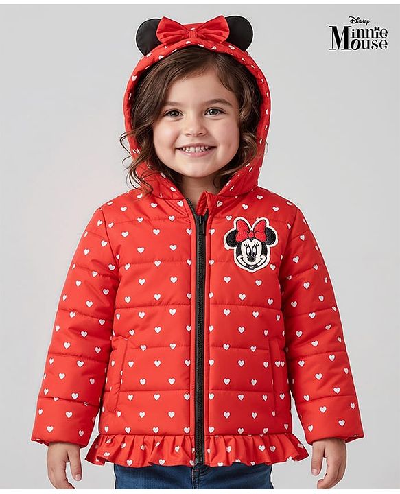 Babyhug Disney Woven Full Sleeves Hooded Winter Jacket With Minnie & Friends Graphics & Ear Bow Applique - Red