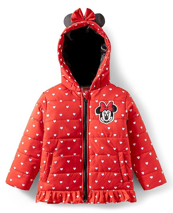 Babyhug Disney Woven Full Sleeves Hooded Winter Jacket With Minnie & Friends Graphics & Ear Bow Applique - Red
